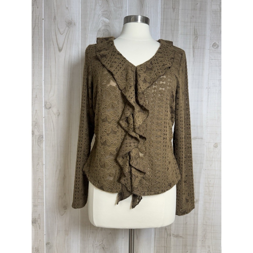 7 For All Mankind Sweater Blouse L Ruffle Lace Floral Brown V Neck Academia